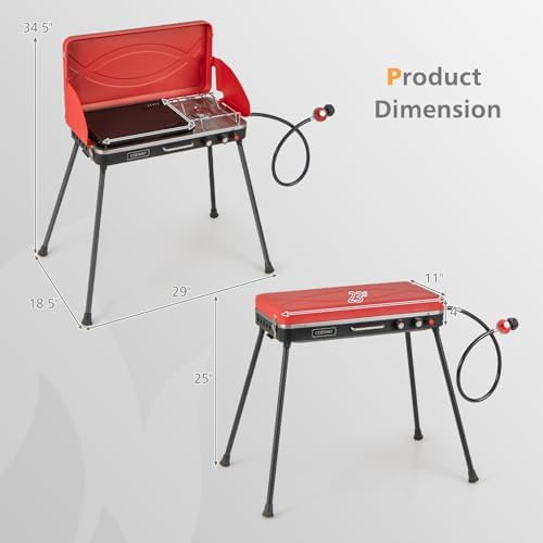 LDAILY 2-Burner Portable Gas Grill, Portable BBQ Grill Propane with Removable Legs, 20,000 BTU Dual Cooking Zones, Wind Guard & Foldable Design, Outdoor Camping Stove, Picnics, Party (Red)