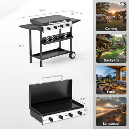 ROVSUN 4 Burner Portable Propane Griddle with Enameled Tray & Lid, 40000 BTU Rolling Flat Top Gas Grill with Electronic Ignition, Side Shelves & Regulator for Outdoor Cooking Camping BBQ Tailgating