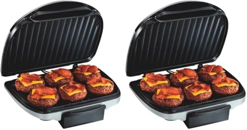 Hamilton Beach Electric Indoor Grill, 6-Serving, Large 90 sq. in. Nonstick Easy Clean Plates, Floating Hinge for Thicker Foods, 1200 Watts, 6.38"D x 12.68"W x 13.78"H, Silver (25371), (Pack of 2)