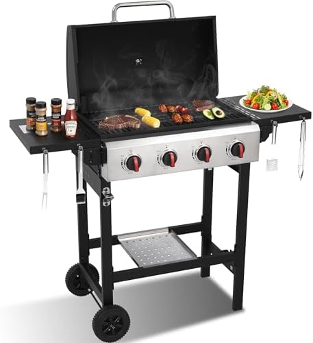 4-Burner Propane Gas Grill with Cast Iron Grates, 38200 BTU output,Foldable Side Shelves for Portable Outdoor Patio Camping, Black (4 burner)