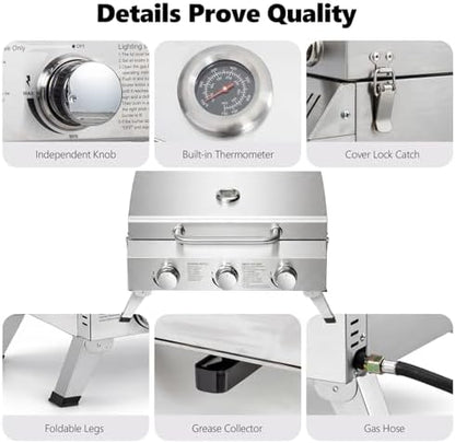 Bonnlo 3 Burner Portable Gas Grill, 30,000 BTU Tabletop Camping Grill with Ignition & Lockable Lid, Stainless Steel Propane Grill with Foldable Legs & Thermometer for Outdoor Patio BBQ RV Use