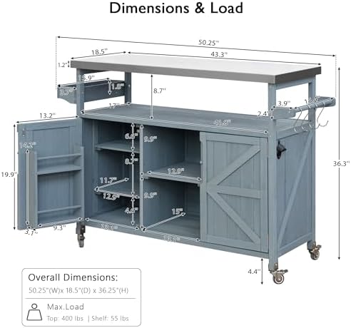 50.25" Outdoor Grill Cart with Stainless Steel Tabletop and Storage Cabinet, Rolling Bar Cart with Wheels, Solid Wood Outdoor Grill Table for BBQ Food Prep (Grey Blue)