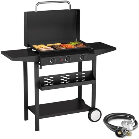 SKOK Propane Gas Griddle with Hood - Flat Top Grill with Standing Cart