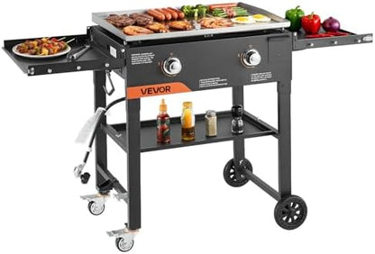 VEVOR Gas Griddle, 2-Burner Flat Top Grill, 28 inch Grill Plate Foldable Propane Griddle with Wheels, 30000 BTU Outdoor Flat Top Grills for Pan-Frying, Grilling, Stir-Frying, & BBQ, Pulse Ignition