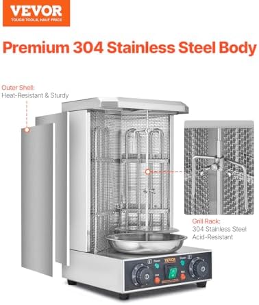 VEVOR Shawarma Grill Machine, 122°F-572°F, 13lbs Capacity, Chicken Shawarma Cooker Machine with 2 Burners, Stainless Steel, Electric Vertical Broiler Gyro Rotisserie Oven for Home and Commercial Use