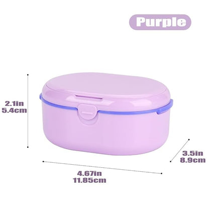 MURRI&MURRDI Retainer Case, Denture Bath Box with Strainer Basket, Mouth Guard Case Purple Braces Cleaner Cup, Cute Denture Holder Retainer Storage Soak Container for Travel (D Purple)