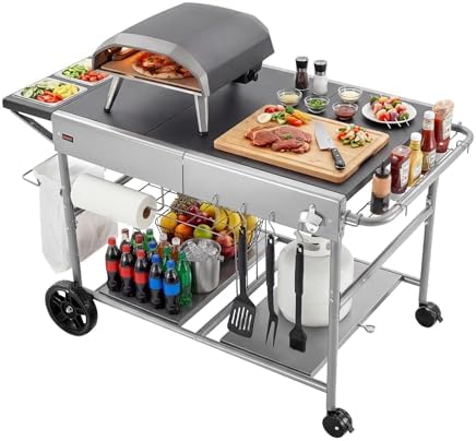 VEVOR Outdoor Grill Cart, Grilling Table, Movable Outdoor Cooking Table with 4 Spice Containers, Wheels, Lids, Hooks, BBQ Prep Tables for Picnic, Kitchen, Courtyard