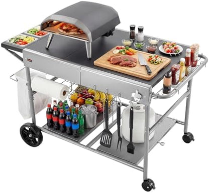 VEVOR Outdoor Grill Cart, Grilling Table, Movable Outdoor Cooking Table with 4 Spice Containers, Wheels, Lids, Hooks, BBQ Prep Tables for Picnic, Kitchen, Courtyard