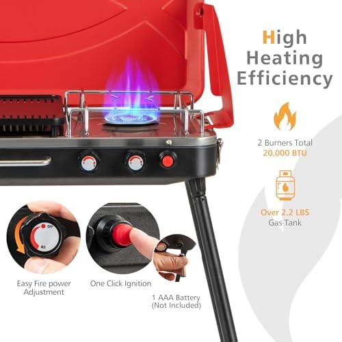 LDAILY 2-Burner Portable Gas Grill, Portable BBQ Grill Propane with Removable Legs, 20,000 BTU Dual Cooking Zones, Wind Guard & Foldable Design, Outdoor Camping Stove, Picnics, Party (Red)