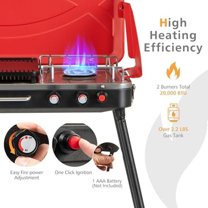 LDAILY 2-Burner Portable Gas Grill, Portable BBQ Grill Propane with Removable Legs, 20,000 BTU Dual Cooking Zones, Wind Guard & Foldable Design, Outdoor Camping Stove, Picnics, Party (Red)