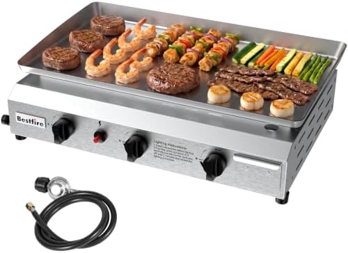 Outdoor Grill Table Cart with Wheels & 3-Burner Propane Gas Griddle Combo, 30,000 BTU Portable Flat Top Grill Station with Storage Shelf, Drip Tray & Accessories for Camping, Backyard BBQ, Tailgating
