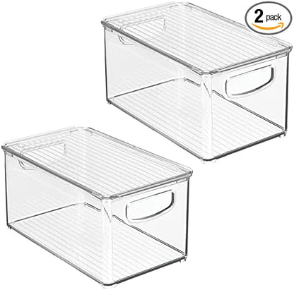mDesign Plastic Deep Storage Bin Box Container with Lid and Built-In Handles - Organization for Fruit, Snacks, or Food in Kitchen Pantry, Cabinet, or Cupboard, Ligne Collection, 2 Pack, Clear