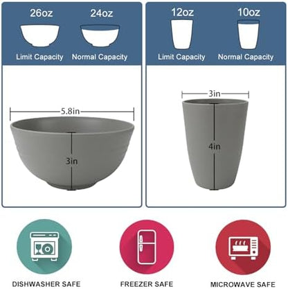 Wrova 40Pack plates and bowls sets for kitchen - Unbreakable wheat straw dinnerware sets service for 8 - Alternative plastic 40pcs dish sets for picnic,camping and R.V. - (Grey)