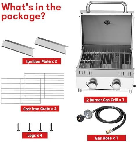 Veralune Tabletop Gas Grill, Small Propane Grill, Portable 2 Burner Gas Grill, Locking Lid, 20,000 BTUs, Built-in Thermometer, Stainless Steel