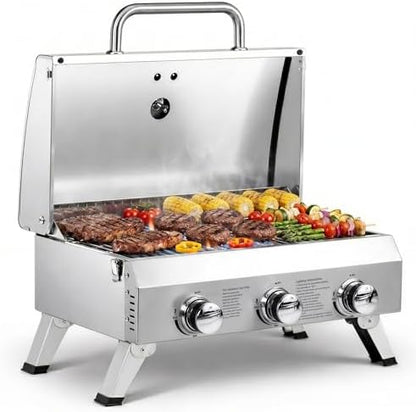 ROVSUN 3 Burner Portable Gas Grill, 30000 BTU Outdoor Tabletop Propane Grill with Ignition, Built-in Thermometer & Full Stainless Steel Body for Patio Garden Backyard Camping BBQ Picnic