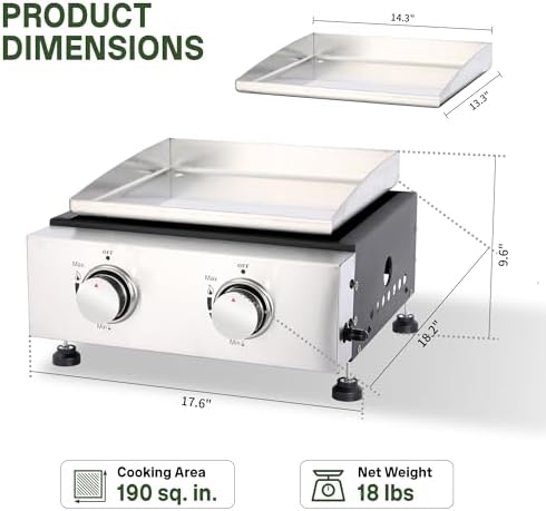 2-Burner Propane Griddle with Storage Cover, Portable Camping Griddle with Stainless Steel Cooking Surface, 20,000 BTU Tabletop Gas Griddle for Outdoor BBQ, Tailgating, RV Trips