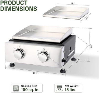 2-Burner Propane Griddle with Storage Cover, Portable Camping Griddle with Stainless Steel Cooking Surface, 20,000 BTU Tabletop Gas Griddle for Outdoor BBQ, Tailgating, RV Trips