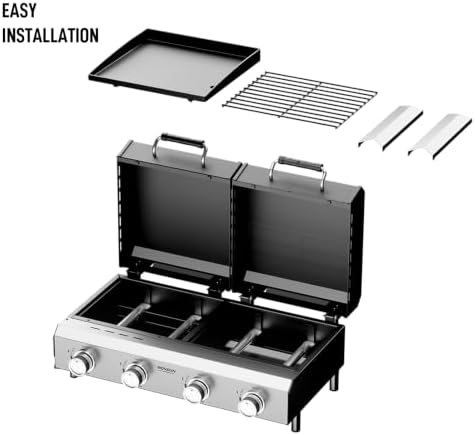 ROVSUN 2-in-1 Propane Gas Grill and Griddle Combo with Lid, 4 Burner Tabletop Flat Top Griddle & Grill with 40000BTU Output, Auto Ignition, Enamel Grate for Outdoor Backyard BBQ Cooking