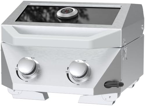 BESTFIRE Tabletop Gas Grill with 2 Burners & Viewing Glass Lid, 20,000 BTU Stainless Steel Portable BBQ Grill with Thermometer, Push-Button Ignition for Outdoor Patio, Camping, RV, Tailgating