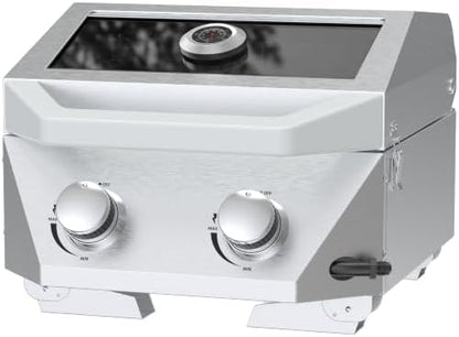 BESTFIRE Tabletop Gas Grill with 2 Burners & Viewing Glass Lid, 20,000 BTU Stainless Steel Portable BBQ Grill with Thermometer, Push-Button Ignition for Outdoor Patio, Camping, RV, Tailgating