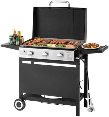VEVOR Gas Griddle, 3-Burner Flat Top Grill, Propane Griddle with Wheels, Lid, 33000 BTU Outdoor Flat Top Grills for Pan-Frying, Grilling, Stir-Frying, & BBQ, Pulse Ignition, Removable Top Design