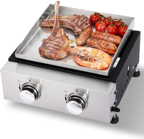 2-Burner Portable Tabletop Gas Griddle with Stainless Steel Griddle, Includes Dust Cover & Regulator, Perfect for Camping & Tailgating
