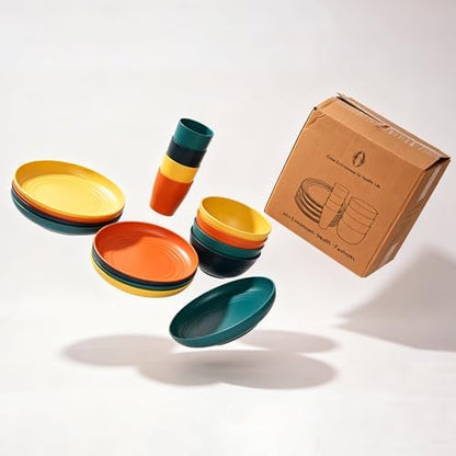 16-Piece Wheat Straw Dinnerware Set – Lightweight, Unbreakable, Eco-Friendly, Microwave & Dishwasher Safe – Black Reusable Plates, Bowls, Cups Set for 4 – Camping, RV, Daily Use – BPA Free