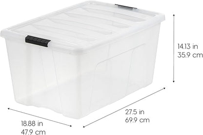 IRIS USA 94 Qt Stackable Plastic Storage Bins with Lids, 4 Pack - BPA-Free, Made in USA - See-Through Organizing Solution, Latches, Durable Nestable Containers, Secure Pull Handle - Clear
