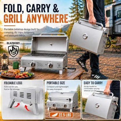 2-Burner Portable Propane Grill, 20,000 BTU Tabletop Gril