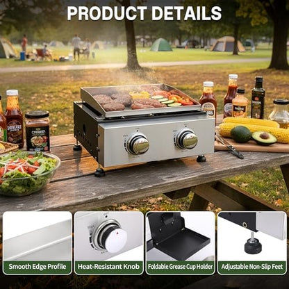 2-Burner Propane Griddle with Storage Cover, Portable Camping Griddle with Stainless Steel Cooking Surface, 20,000 BTU Tabletop Gas Griddle for Outdoor BBQ, Tailgating, RV Trips