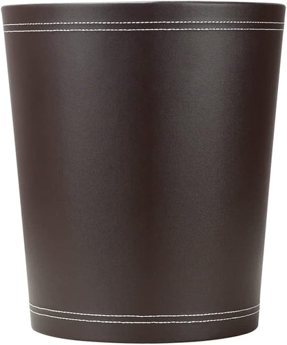KINGFOM Classic Pu Leather Trash Can Wastebasket, Garbage Container Can for Bathrooms, Powder Rooms, Kitchens, Home, Office and and High Class Hotel Round Brown