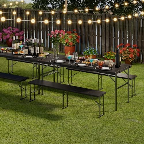 2pk Folding Table with 4 Benches Set for Camping, Picnic, Black