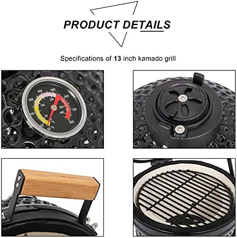 Outvita Ceramic Grill, 13" Round Kamado Charcoal Grill, Black