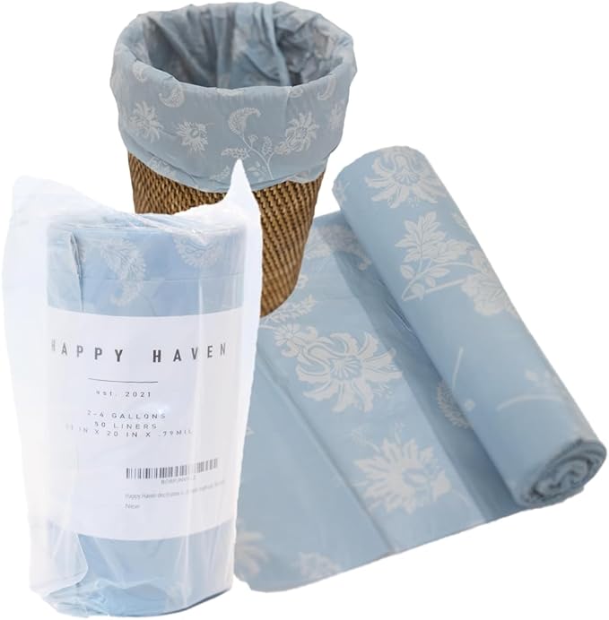Happy Haven Bathroom Trash Bags for 2,3,4 Gallon Trash Can, Small Garbage Bags - Bedroom & Bathroom, Decorative Cute Wastebasket Liner - 50 Count (Light Blue Botanical)