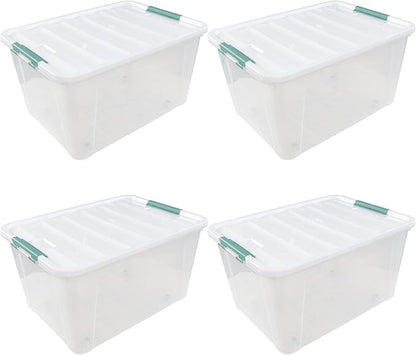 80 L Extra Large Plastic Storage Box, Clear Large Plastic Storage Bins with Wheels, 4-Pack