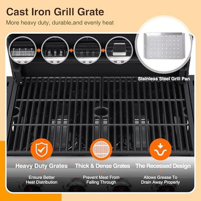 4-Burner Propane Gas Grill with Cast Iron Grates, 38200 BTU output,Foldable Side Shelves for Portable Outdoor Patio Camping, Black (4 burner)