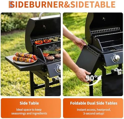 2-Burner Propane Gas Griddle – 16,000 BTU Convertible Flat Top Grill with Hood & Removable Cart – Portable for Camping, Tailgating, Backyard