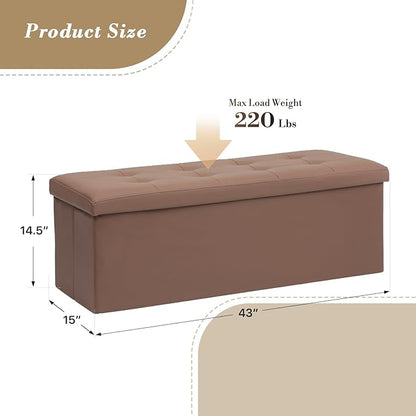 Athena Collection 43" Storage Ottoman Bench Folding Bench with 130L Hidden Storage, Large End of Bed Bench PU Leather Foot Rest Stool Chest with Flipping Lid for Living Room, Bedroom, Entryway, Brown