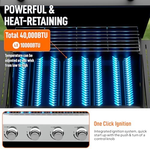 ROVSUN 4 Burner Propane Gas Grill with Foldable Side Shelves, 40000BTU BBQ Grills with Enameled Cast Iron Grates, Cabinet & Poratable Rolling Wheels for Outdoor Garden Patio Backyard Barbecue Cooking