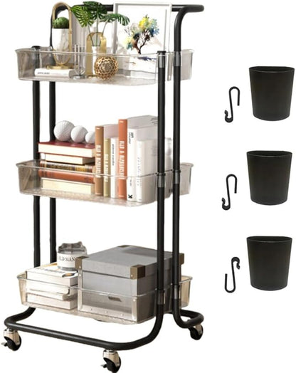 3 Tier Rolling Cart with Metal Handle, Hanging Cups, Hooks, Plastic Storage Baskets & Wheels Lockable, Utility Craft Cart for Bathroom Classroom Office Kitchen Pantry Organizers and Storage, Clear