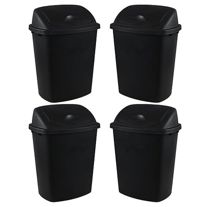 10 Gallon Plastic Swing Top Trash Cans, 4-Pack Garbage Cans with Swing Top Lid, Black