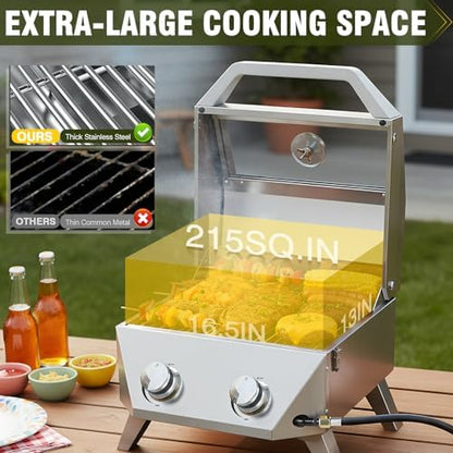 BESTFIRE Tabletop Gas Grill with 2 Burners & Viewing Glass Lid, 20,000 BTU Stainless Steel Portable BBQ Grill with Thermometer, Push-Button Ignition for Outdoor Patio, Camping, RV, Tailgating
