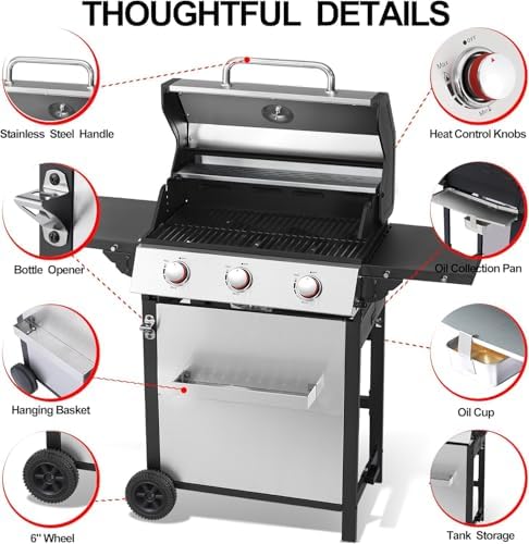 3 Burner Propane Gas Grill, Stainless Steel Cabinet with Side Table & Full-Size Grease Tray, BBQ Grills with Thermometer for Outdoor Cooking, Patio, BBQ