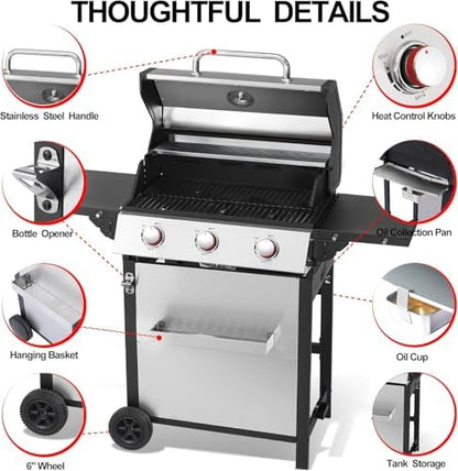 3 Burner Propane Gas Grill, Stainless Steel Cabinet with Side Table & Full-Size Grease Tray, BBQ Grills with Thermometer for Outdoor Cooking, Patio, BBQ