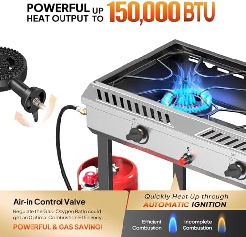 Bonnlo 2 Burner Propane Gas Stove with Auto Ignition, 150,000 BTU Portable Outdoor Camp Cooker Stove with Convenient Shelf & Smooth Rolling Wheels for Backyard, Camping, Tailgating, Patio Parties