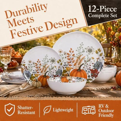 12pcs Melamine Dinnerware Set - Fall Pumpkin Plates and Bowls for RV