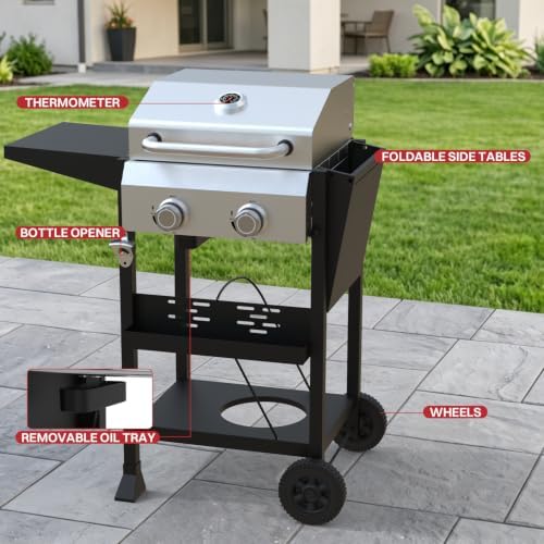 2 Burner Propane Gas Grill, 24000 BTU Portable BBQ with Lid & Wheels