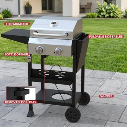 2 Burner Propane Gas Grill, 24000 BTU Portable BBQ with Lid & Wheels