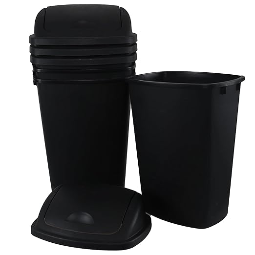 13 Gallon Swing Top Lid Garbage Cans, Large Plastic Kitchen Trash Can Set of 4, Black