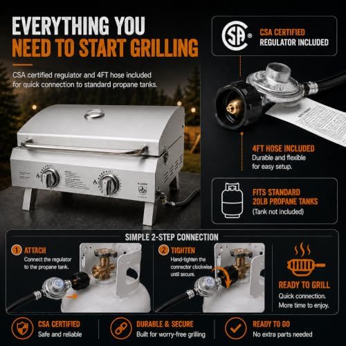 2-Burner Portable Propane Grill, 20,000 BTU Tabletop Gril